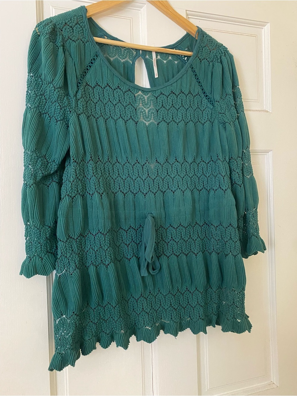 Women's Teal Crochet Peasant Blouse with Tie Waist